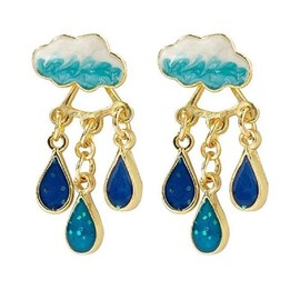 Raindrop & Rainy Cloud Earrings Gold Jewelry Ear Jackets For Women Hand Drawn Enamel Earrings Jewelry 925 Sterling Silver Hypoallergenic Gift-Dark Blue