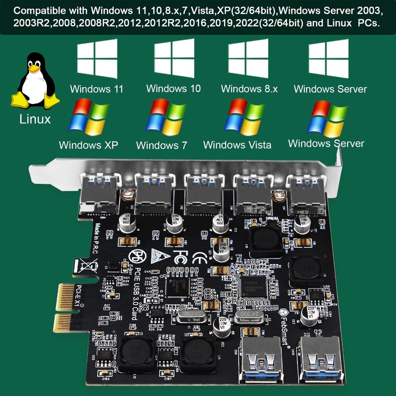 FebSmart 7-Ports Superspeed 5Gbps PCIE USB 3.0 Expansion Card for