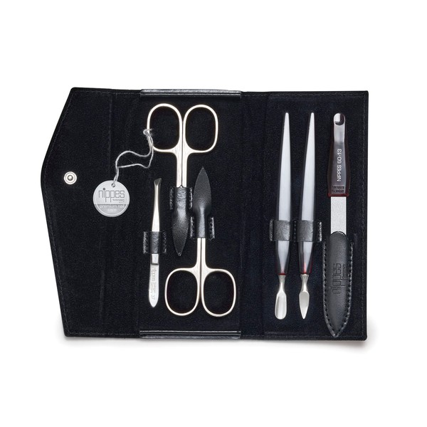 nippes Solingen Premium Line Seam Manicure Set, 6 Pieces, Stainless Steel, Rust- and Nickel-Free, Cowhide Leather Case with Press Stud, Black/Beige, Nail Set, Nail Care Set, Made in Germany