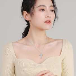 StoryMidir Women's Cross Necklace, Moonstone, 925 Silver, Hypoallergenic, Cross Pendant, Zirconia, Silver Chain, 15.7 x 2.0 inches (40 + 5 cm), Adjuster, Accessory, Moonstone Jewelry, Gift for Women,