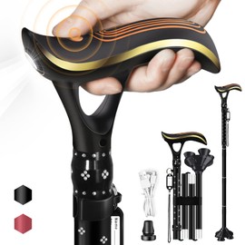 ispuoocti折りたたみ杖ステッキ-スマート警報LED杖 男性用と女性用-軽量老人介護 杖-5段階高さ調整伸縮式自立杖、旅行袋付き (黒)