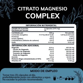 Citrato De Magnesio Complex + Piperina | Aporta 497mg De Magnesio Elemental | Contiene Citrato, Glicinato, L-treonato Y Óxido De Magnesio | Magnesium Suplemento Alimenticio Quotidien - 60 Cápsulas