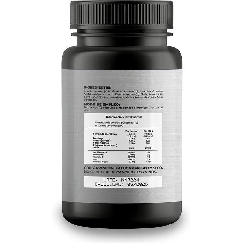 Naima Resveratrol Semilla Uva 100 Cápsulas Suplemento Alimenticio Puro Ingredientes
