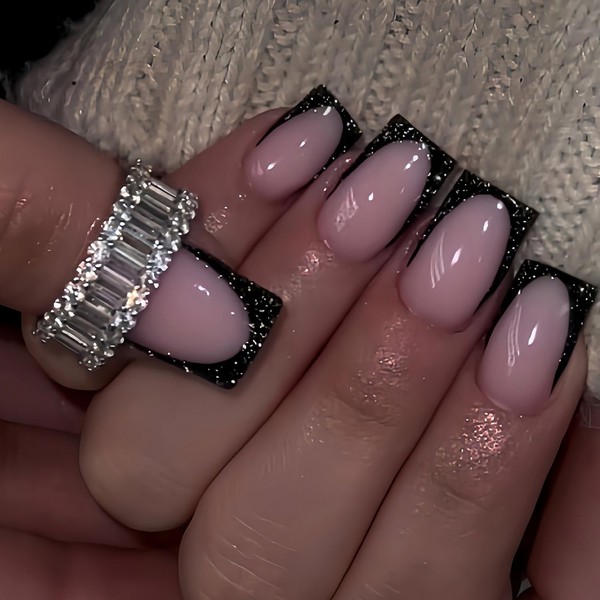 Black French Tip Press on Nails Short Square Fake Nails