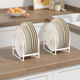 LINFIDITE 4 Pack Plate Holder Organizer Large Dish Storage Rack Upright Cabinet Dish Drying Racks Metal Plate Dish Racks Stands for Cupboard and Countertop-Non-Slip & Rustproof White