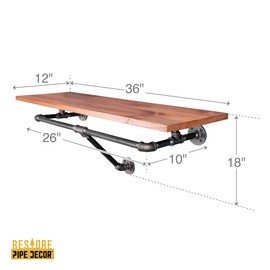 PIPE DECOR 36 in. Wall Mounted Clothing Rack, Solid Wood Shelf with Industrial Steel Pipe Hanging Bracket, Multi-Purpose Vintage Shelving for Bedroom, Kitchen, or Entryway, Sunset Cedar Stain