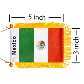 WXTWK 3 X 5 Inch Mexico Flag Mexican Window Hanging Flag Small Mini Car Flags Banners Rearview Mirror Decoration With Suction Cup Golden Fringy Banner