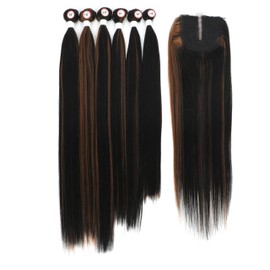 Yaki Straight Synthetic Hair 6 Bundles with Easy Closure Heat Reasistant High Temperature Synthetic Hair Fiber 7pcs for A Full Head Black Mixed Brown 14 16 18inch Highlight Bundles