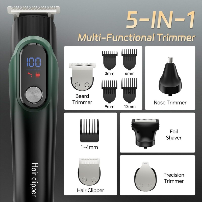 5-in-1 Beard Trimmer for Men, Hair Clippers Grooming Kit, Cyan