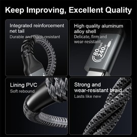 USB 4 Cable 6.6FT for Thunderbolt 5 Cable 80Gbps, up to 120Gbps Bandwidth for Dual 8K, 240W PD 3.1 Charging, Braided USB C Video Cable Compatible Thunderbolt 4/5, SSD,MacBook M4 Pro,Dock,eGPU