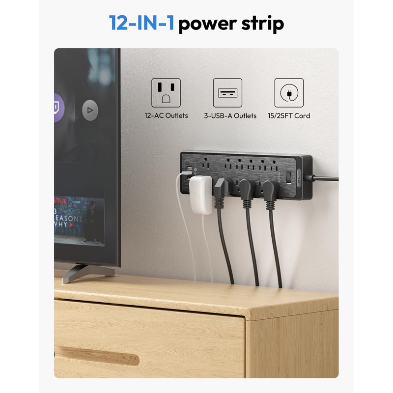 NTONPOWER Flat Plug Extension Cord 25 Ft, NTONPOWER Surge Protector