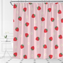 ASVEAS Cute Strawberry Shower Curtain Pink Flower Fruit Print Girls Modern Cartoon Fabric Bathroom Decor Set with Hooks(70" WX70 H)