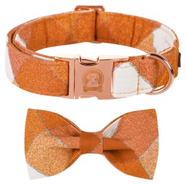 Mr.Chubbyface Dog Collar with Bow Tie, Orange Grid Adjustable Bowtie Pet Collars, Girl Dog Collars for Small Medium Large Dogs