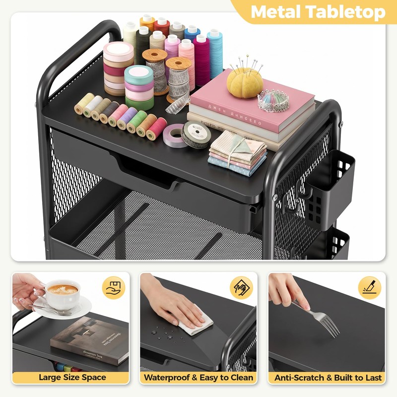 3 Tier Metal Rolling Cart with Drawer, Black Utility Storage