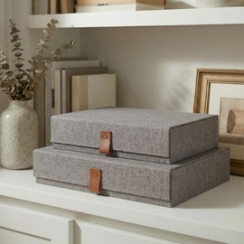Decorative Photo Storage Boxes with Lids - Set of 2 Beautiful Linen Organizers Are Perfect to Safely Store Your Pictures, Documents, Scrapbooking Supplies, Keepsakes and Other Memories in Style