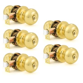 Probrico 5 Pack Entrance Door Knobs Door Lock Keyed Not Alike Lockset Polished Brass Round Ball Entry Door Knobs and 3 Keys