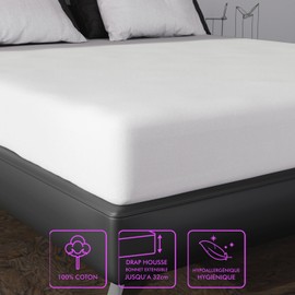 Soleil d'ocre, Flannel Mattress Protector, Cotton, White, 140 x 200 cm
