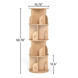 Rotating Bookshelf 4-Tier, 360° Small Corner Bookcase Organizer, Pine Wood Floor Storage Rack with Cutout Letters, 15.75" for Bedroom/Living Room (15.75", Wood)