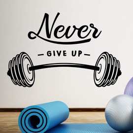 Never Give Up Barbell Wall Sticker Home Gym Motivation Workout Weight Hanging Inspirational Exercises Removable Saying Vinyl Wall Mural DIY Design Indoor Training