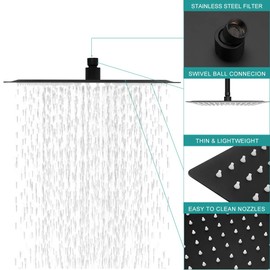 Black Shower Head - Lordear 12 inch Rainfall Black Shower Head Square Solid Ultra Thin 304 Stainless Steel Fixed Rain Shower Head with Self Cleaning Nozzles