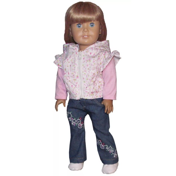 Pink Floral Hooded Jacket & Embroidered Jeans fit 18" American