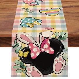 Croar Easter Cartoon Mouse Table Runner, Bunny Ears Colorful Plaid Check Stripes Farmhouse Kitchen Dining Table Decoration, Eucalyptus Leaves Burlap Indoor Outdoor Home Decor Party Supply 13x72 Inches