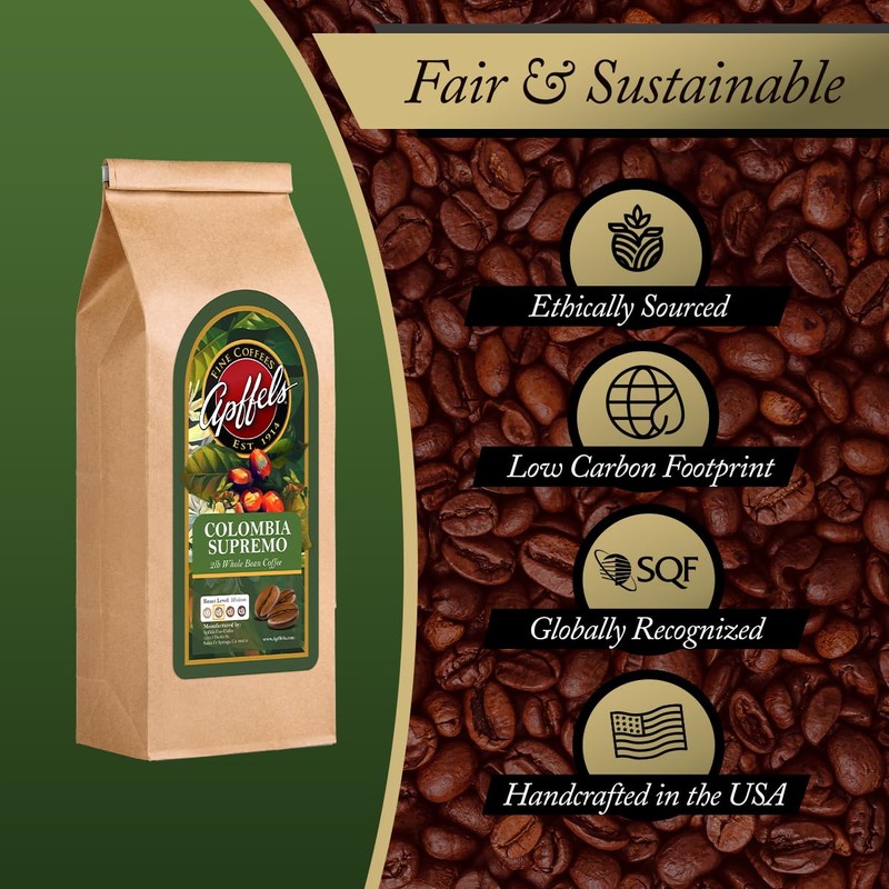 Apffels Colombian Supremo - Whole Bean, Medium Roast, 100% Arabica