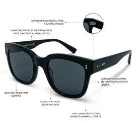 MessyWeekend Sunglasses for Women in a Oversized Bold Black Handcrafted Acetate Square Frame - Grey Lenses with Full UV400 Protection - Female & Ladies Designer Shades - LIV