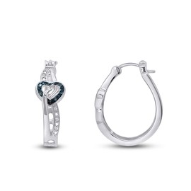 1/10 Carat Blue & White Natural Round Diamond Heart Huggie Hoop Earrings In 14k White Gold Over Sterling Silver (0.1 Cttw, I-J Color, I2-I3 Color)