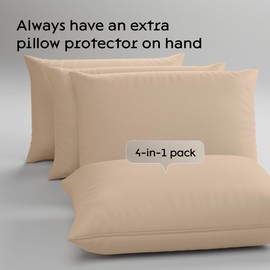 Ultra Soft Pillow Protectors with Zipper King Size - Set of 4 Breathable Pillow Covers - 100% Protection Against Stains, Dust & Dirt - Machine Washable (Beige)