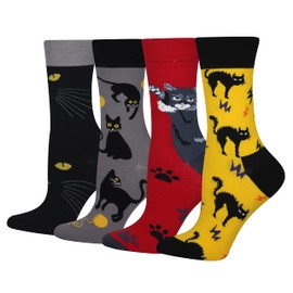 Cansok Women's Crew Novelty Animal Socks Gift Cotton Dress Calf Socks, a-black cat