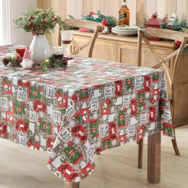 Newbridge Jolly Holiday Candy Cane Print Flannel Back Vinyl Christmas Tablecloth - Happy Holidays Grey, Red and Green Xmas Wipe Clean Easy Care Tablecloth, 60” x 120” Oblong/Rectangle