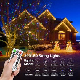 200 FT 500 LED Christmas Lights Outdoor Decorations Fairy Lights Waterproof 8 Modes Timer Clear Wire String Lights for Outside House Tree Patio Yard Wedding Party Holiday-Multicolored To Warm White