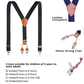 Kids Child Men/Women Boy Suspenders - Adjustable Elastic Solid Color 4 Strong Clips Braces(43Inches (Adult Size), Black)