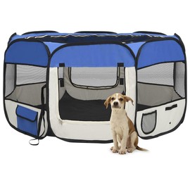 vidaXL Foldable Dog Playpen with Carrying Bag - Blue & Cream Dog Run Cage with Strong Steel Frame & Zippered Mesh Door - Ideal for Home and Travel Use