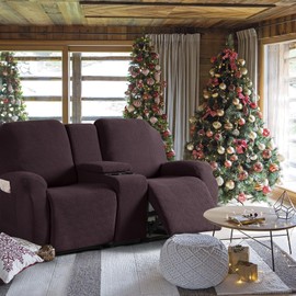 KinCam Loveseat Recliner Covers with Middle Console Slipcover, Recliner Sofa Covers 2 Seat Couch Cover Stripe Jacquard Furniture Protector Covers with Elastic Bottom for Kids, Pets (Dark Coffee)