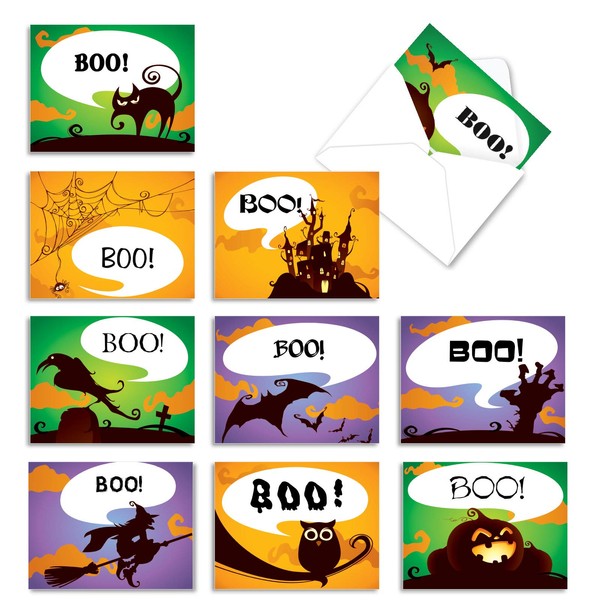 The Best Card Company, Boo-Tiful Notes - 10 Halloween Note Cards for Kids (4 x 5.12 Inch) - Assorted Pumpkins, Haunted House, Spooky Bats M6688HWB