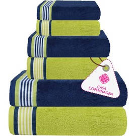 CASA COPENHAGEN Designed in Denmark 550 GSM 2 Large Bath Towels 2 Large Hand Towels 2 Washcloths, Super Soft Egyptian Cotton 6 Towels Set for Bathroom, Kitchen & Shower - California Blue & Green