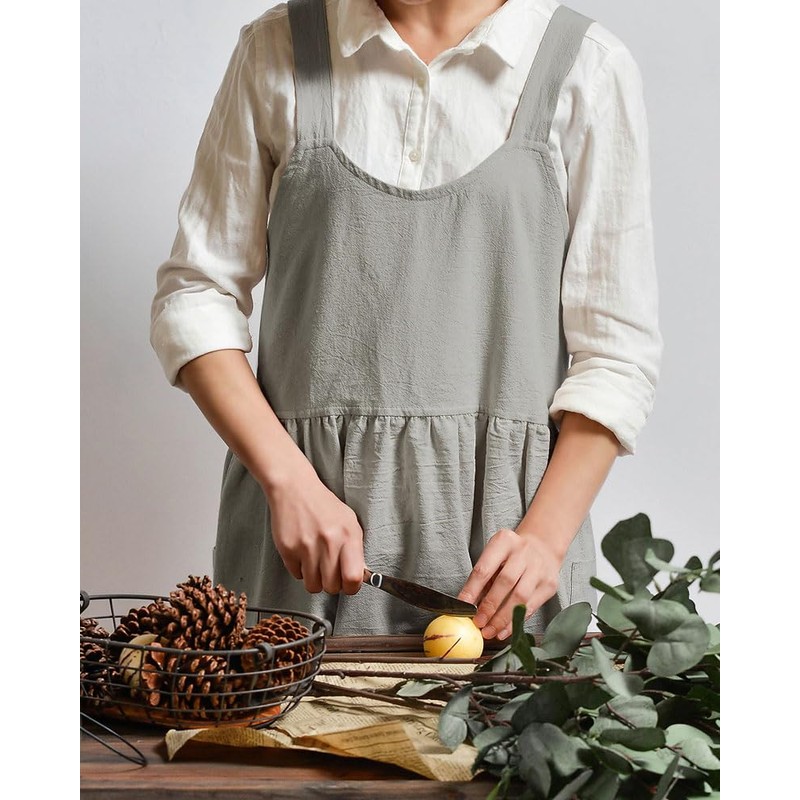 Uaussi Cotton Linen Apron Cross Back Work Apron for Women