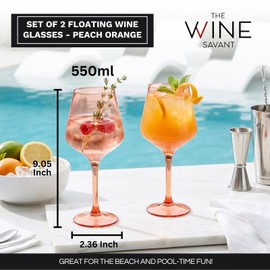 Floating Wine Glasses for Pool (18 Oz | Set of 2) - Wine Glass Set That Float | Shatterproof Poolside Wine | Beach Glass | Outdoor Tritan Plastic Glassware with Stem for Patio, Picnic - Peach Orange