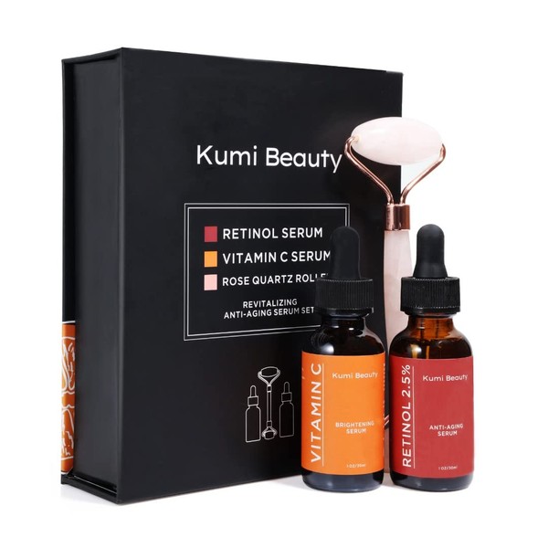 Kumi Beauty. K-Beauty Serums ~ 3 in 1 Gift Box ~ ||| Set: 2 Face Serums (Vitamin C + Retinol) + 1 Rose Quartz Roller.