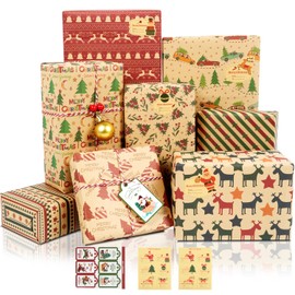 Christmas Wrapping Paper Sheets, 8 Recycled Gift Wrapping Paper Set, Red Brown Kraft Gift Wrapping Paper Gift Wrapping Paper for Xmas Birthday New Year Graduations Shower Holiday Weddings, 20x28inch