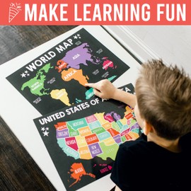 Hadley Designs 4 Alphabet, Map of United States, World Map, & Solar System Posters - Laminated ABC Charts for Toddlers Wall Decor, Chalk Posters for Kindergarten, Prek Classroom or Homeschool 11x17