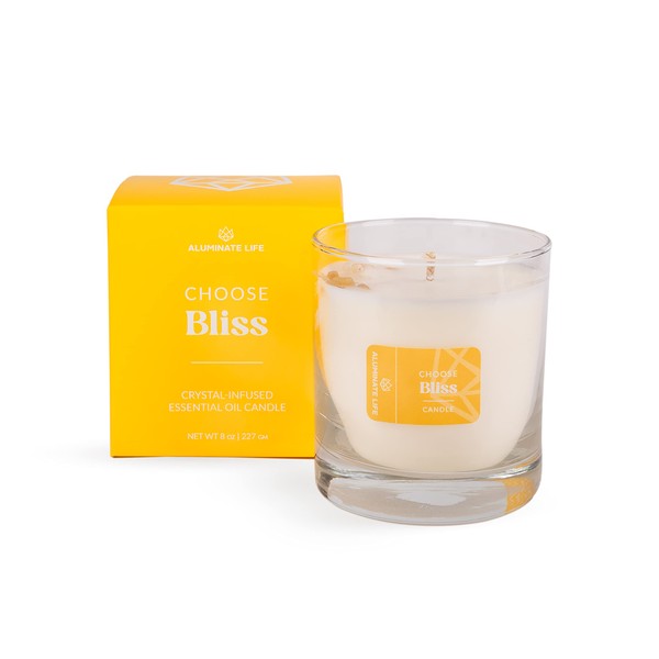 Aluminate Life Luxury Glass Jar Candle, 8 OZ, Choose Bliss - Citrine Crystal Infused - Scents of Grapefruit, Bergamot, and Spiced Pear - Happiness, Joy, & Contentment - Coconut Wax, Essential Oils