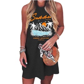 Sundress for Women Summer Beach Graphic Mini Tank Dress Sleeveless Beach Dress Short Mini Sun Dresses(Black,M)
