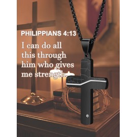 PiercingJak Cross Chain Men's Black Stainless Steel Necklace Religious Prayer Cross Pendant with 24 Inch Chain Charm Jewellery Birthday Gifts for Men, Stainless Steel Rhinestone