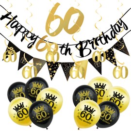 18Pcs Black Gold 60th Birthday Decorations for Him,Men,60th Birthday Banner Triangle Flag Bunting Black Gold Foil 60 Hanging Swirls,60th Birthday Balloons for Men Him Birthday Party Decoration Pack