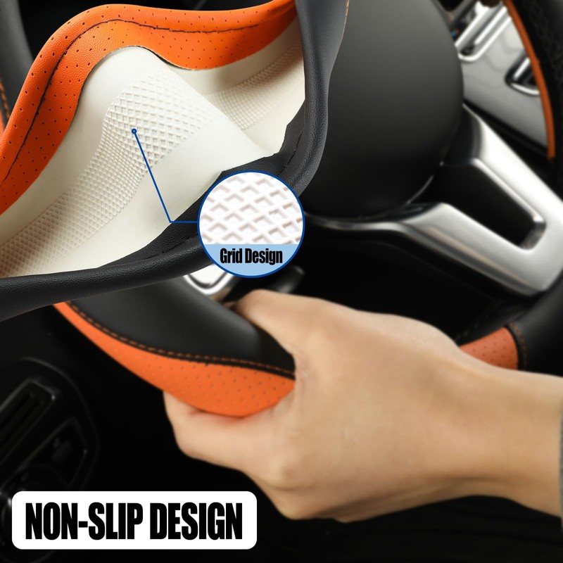 Binsheo Microfiber Leather D Shaped Steering Wheel Cover, Breathable, Anti