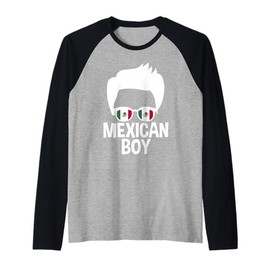 Mens Mexican Boy Mexico Flag Pride Sunglasses Hair Silhouette Raglan Baseball Tee