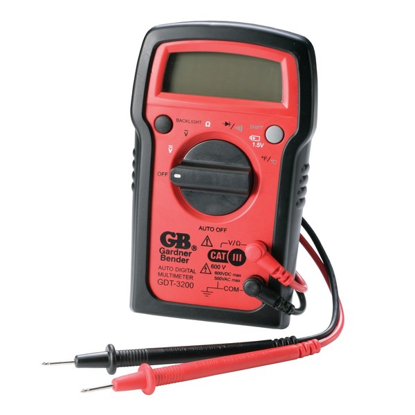 Gardner Bender GDT-3200 Digital Multimeter, 7 Funct., 7 Range, Tests AC/DC Volt, Resist, Diode, Continuity, Temp and Battery, Auto Ranging, Red With Black Rubber Boot